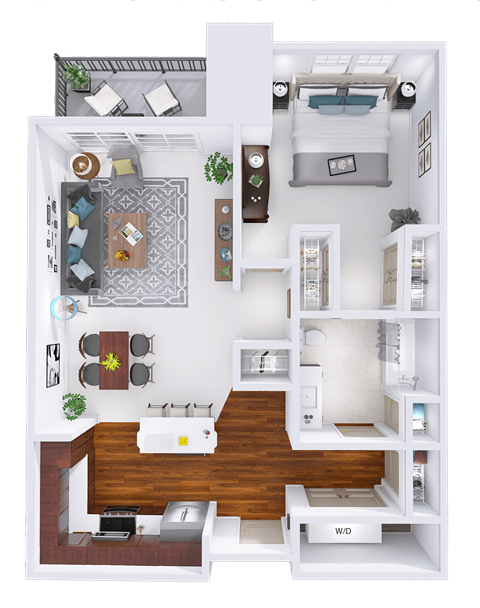 Floor plan for 1 bed, 1 bath, 834 sqft